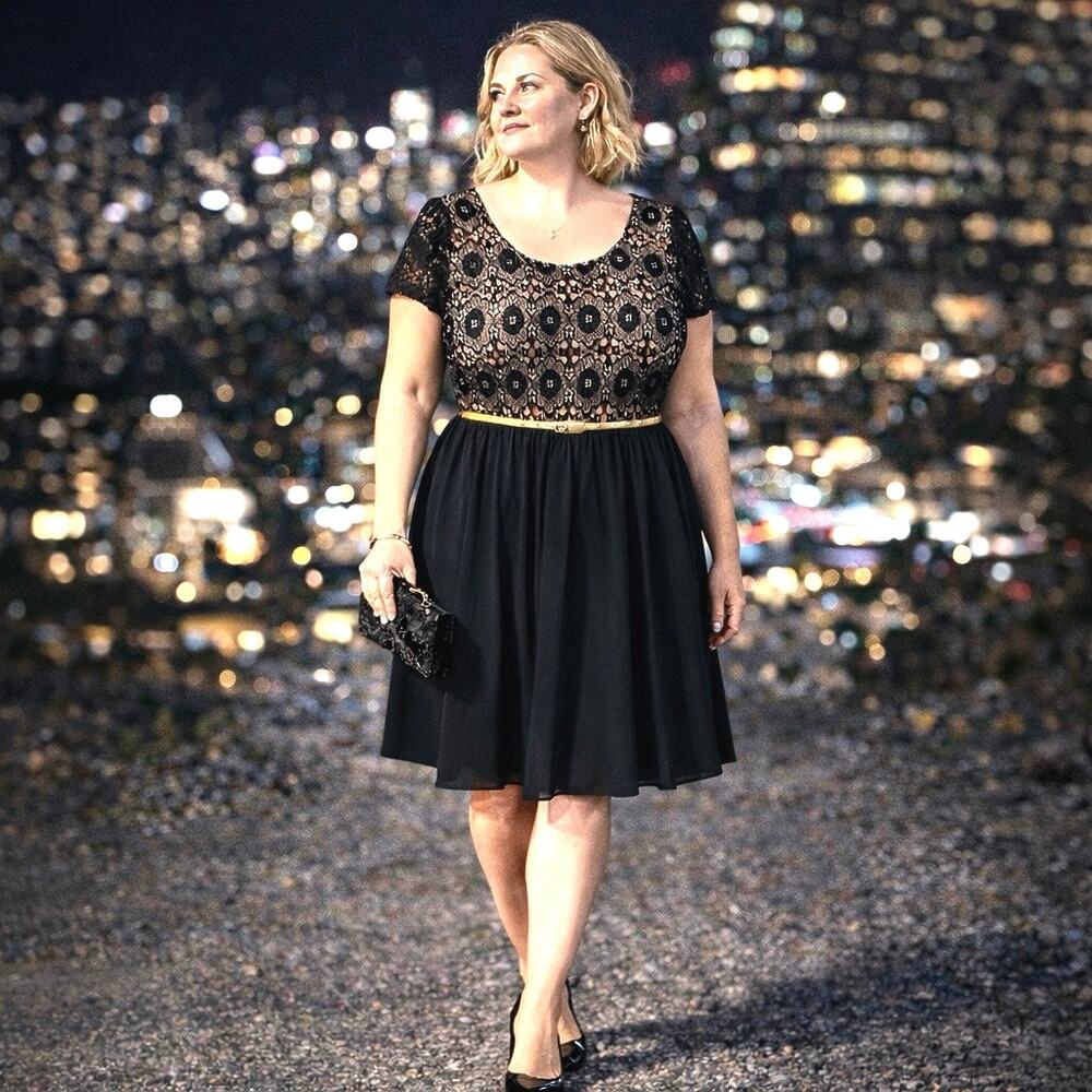 Vtg Feminine Black Lace Classic Preppy Cocktail Dress Sheer Chiffon sz 1X-2X